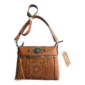 Stylish Cognac brown shoulder bag with intricate embroidery & Turquoise Accents